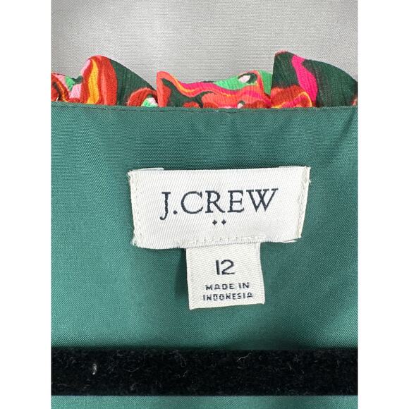 J Crew Dress Women 12 Green Floral Mini Pink Ruffle Tiered Pockets Bohemian - Picture 2 of 10